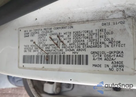 2003 Toyota 4Runner Sr5 V6 from USA, damaged, VIN JTEZU14R330003145